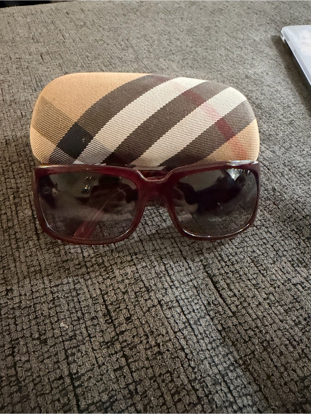 Burberry Burgundy Oversized Sunglasses with Signature Check Case